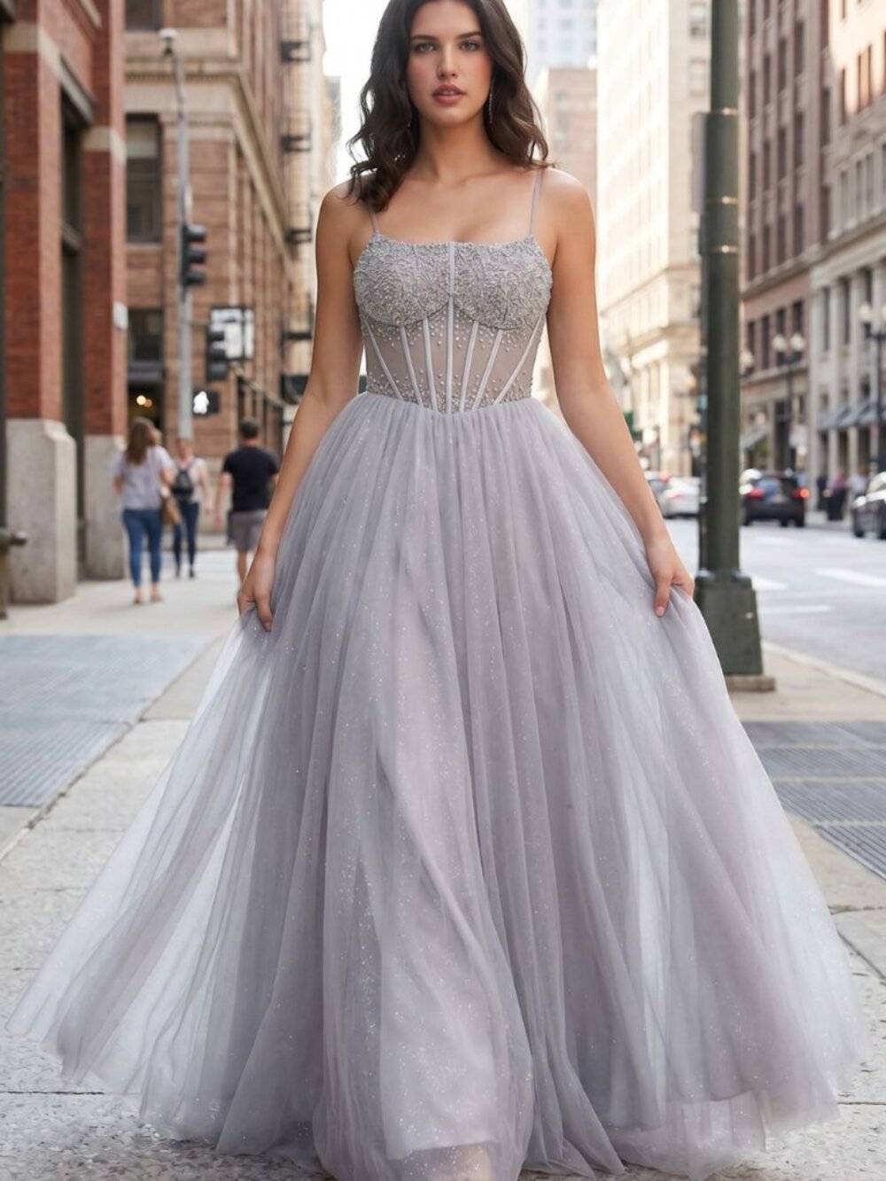 NEW SILVER Tulle & Lace Prom Gown Floor Length Embellished 8459J